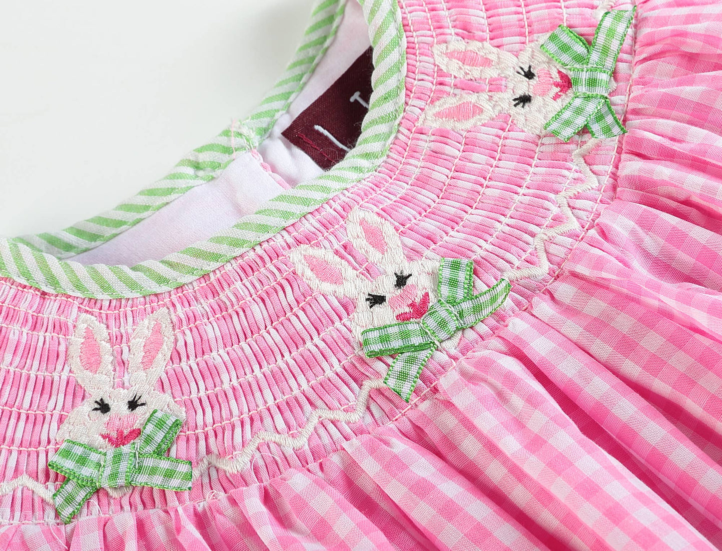 Pink Gingham Bunnies Smocked Bishop Dress