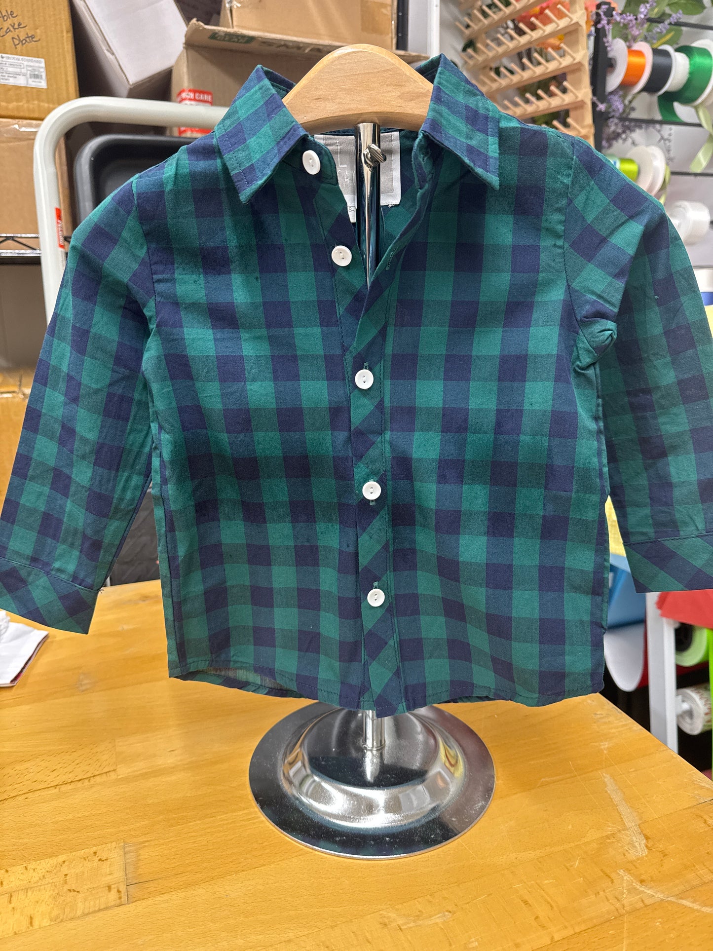Little Boys Navy & Green Plaid Button Up Shirt