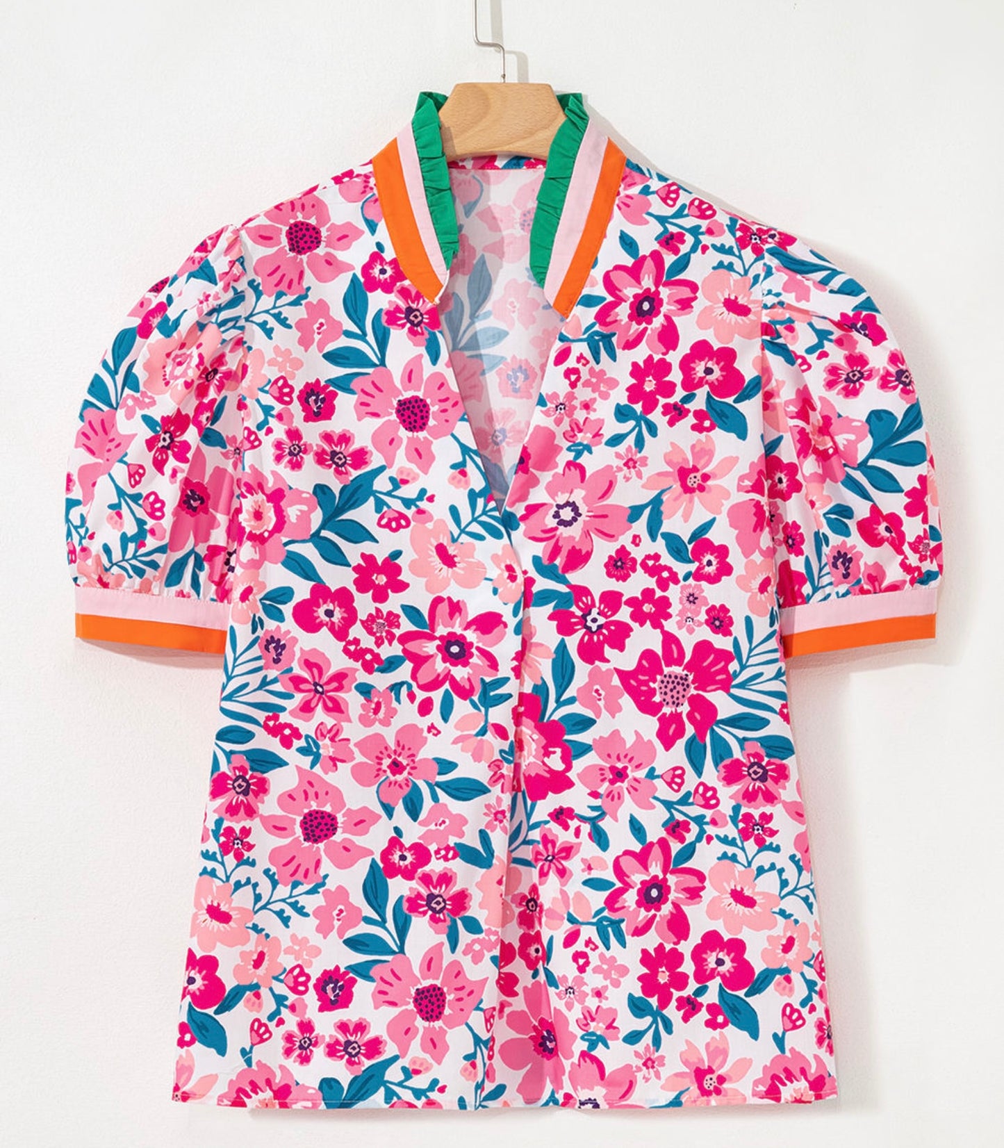 Pink & Blue Floral Top with Stripe Trim