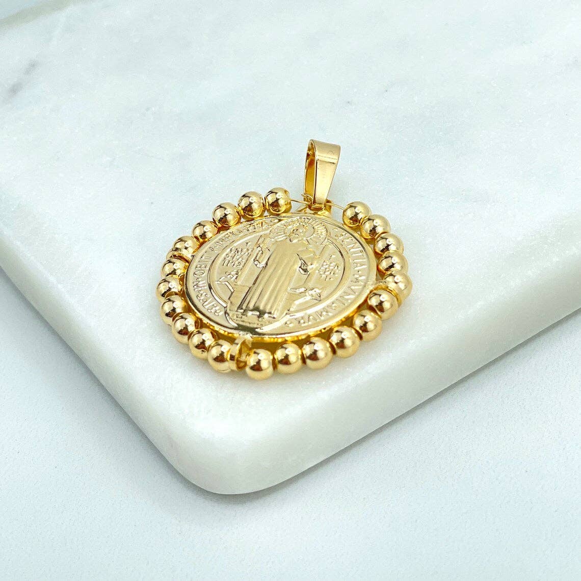 18k Gold Filled Religious Medal Medallion San Benito Coin Pendant Charms with Gold Beads, Catholic Jewelry, Wholesale
