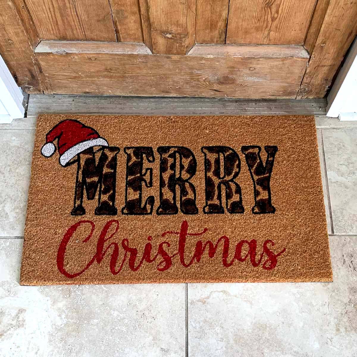 Leopard Merry Christmas Coir Doormat Natural/Black/Red 30x18