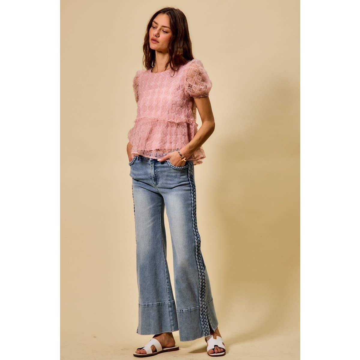 Wide Leg Flare Denim Jeans With Side Braids