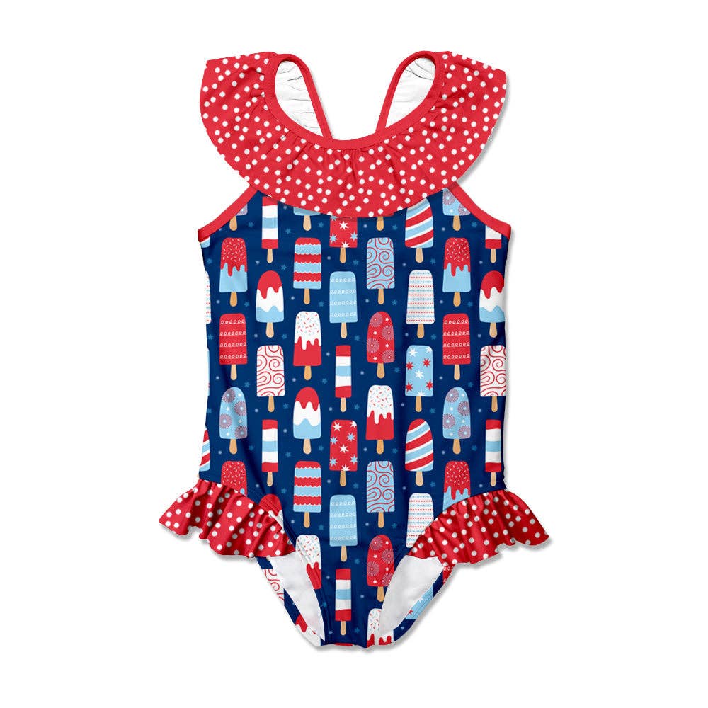 Girls Swim Red Popsicle Bow Ruffle-Accent Yoke One-Piece