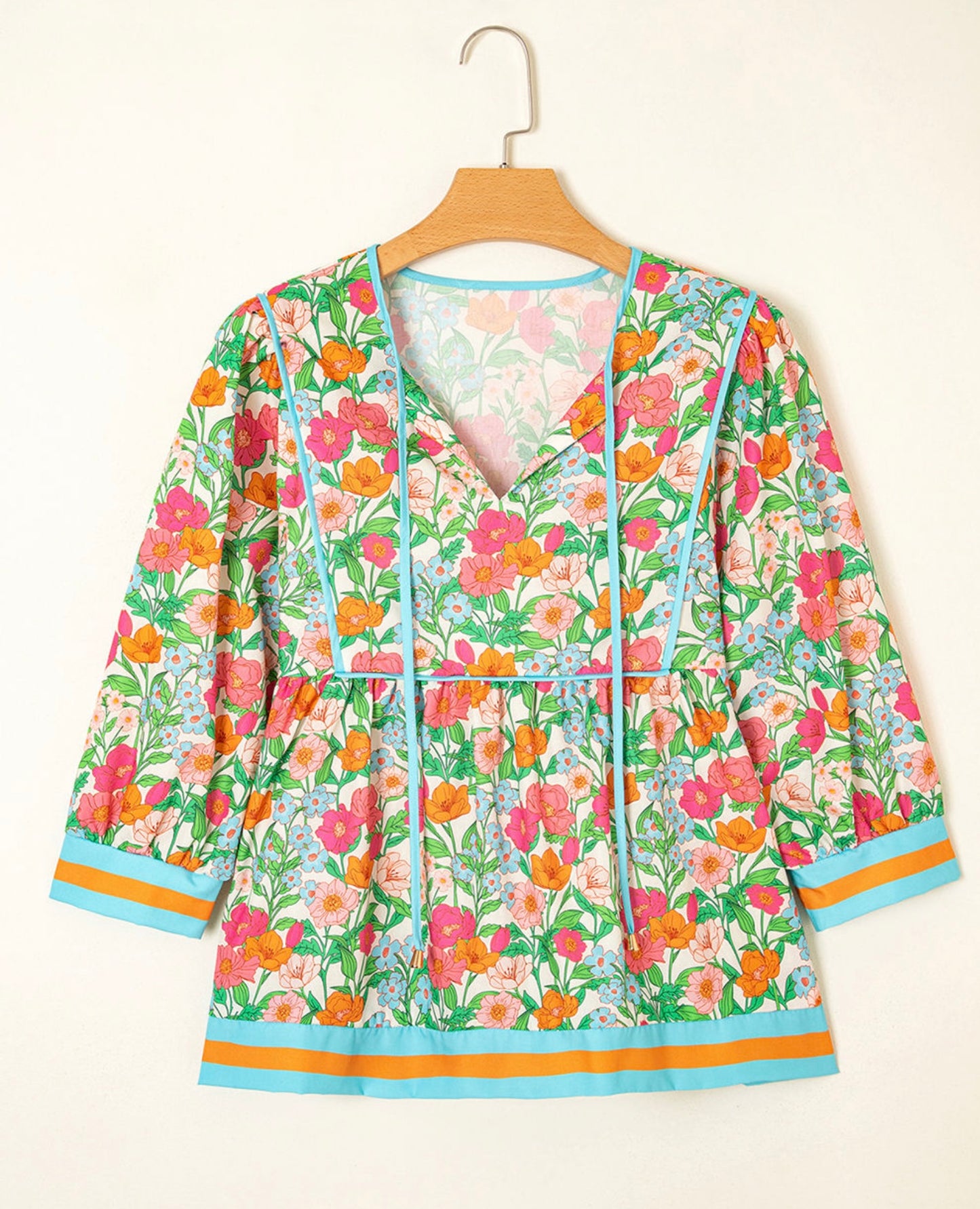 Green Floral Print Top 3/4 Sleeves with Stripe Trim