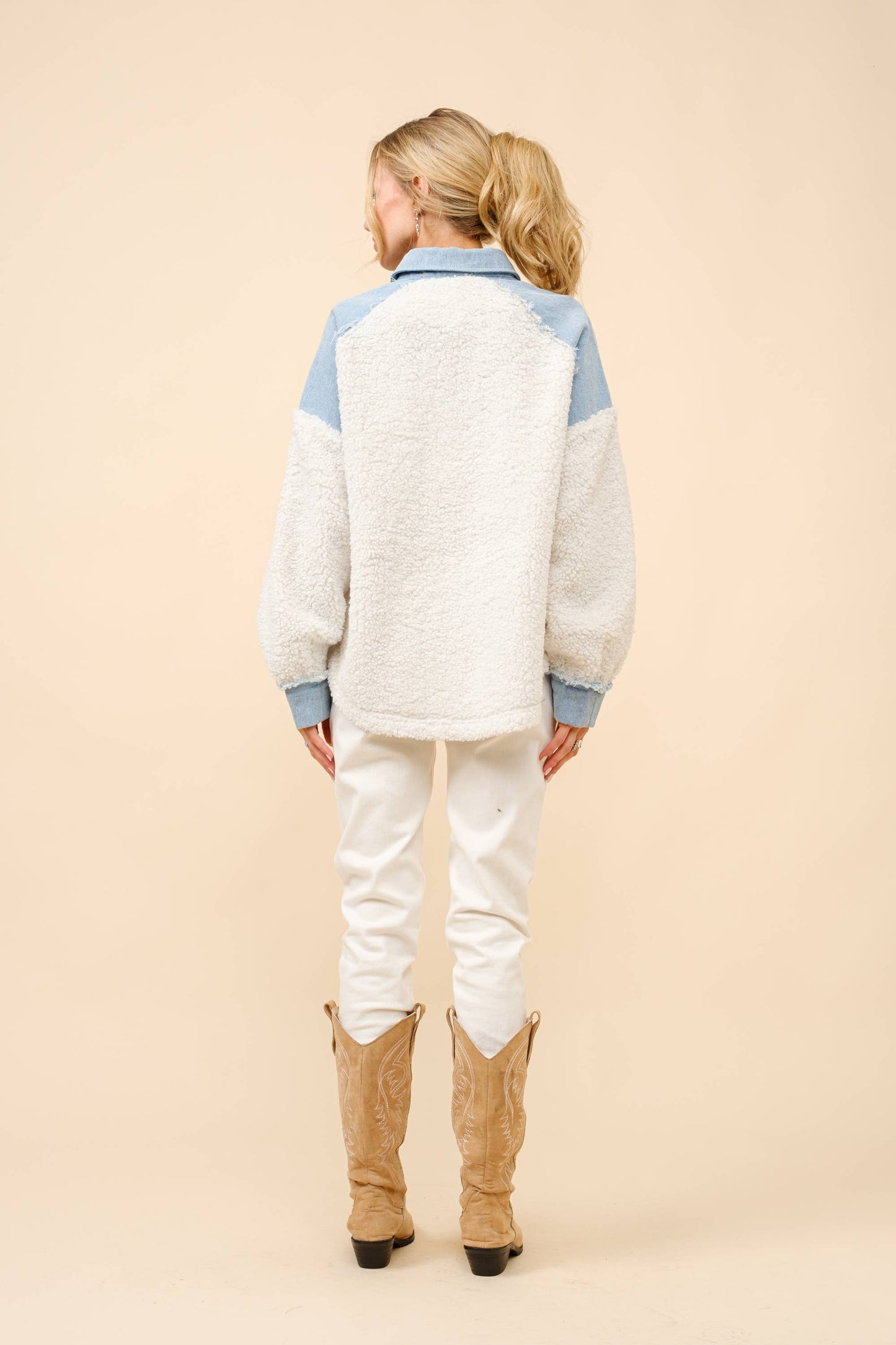 Teddy Denim Mix Media Zip Up Pullover
