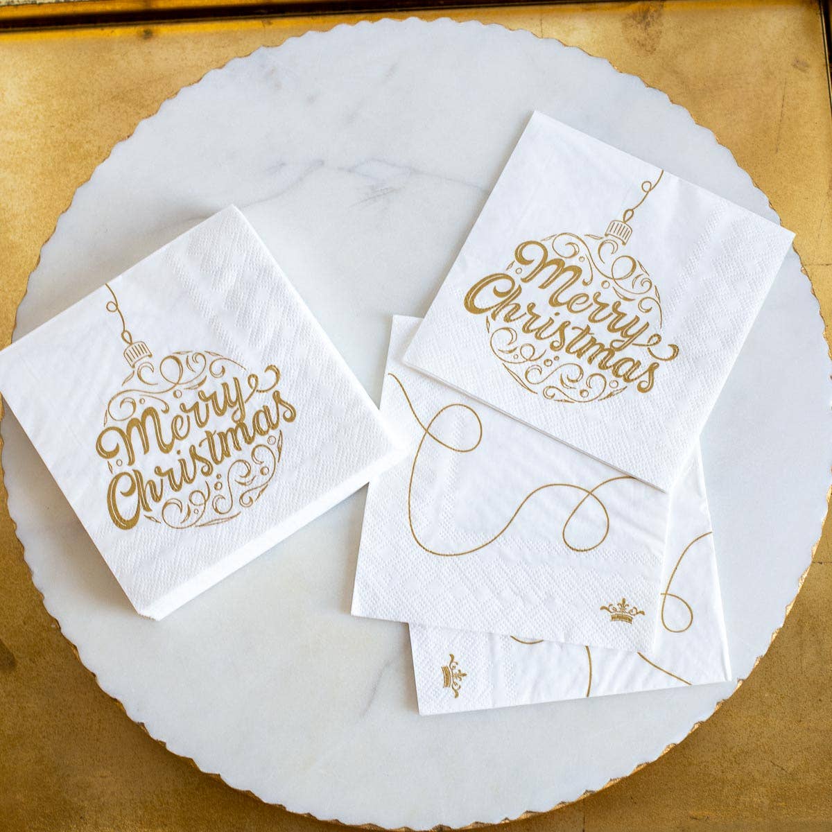 Merry Christmas Ornament Script Cocktail Napkins White/Gold 5"