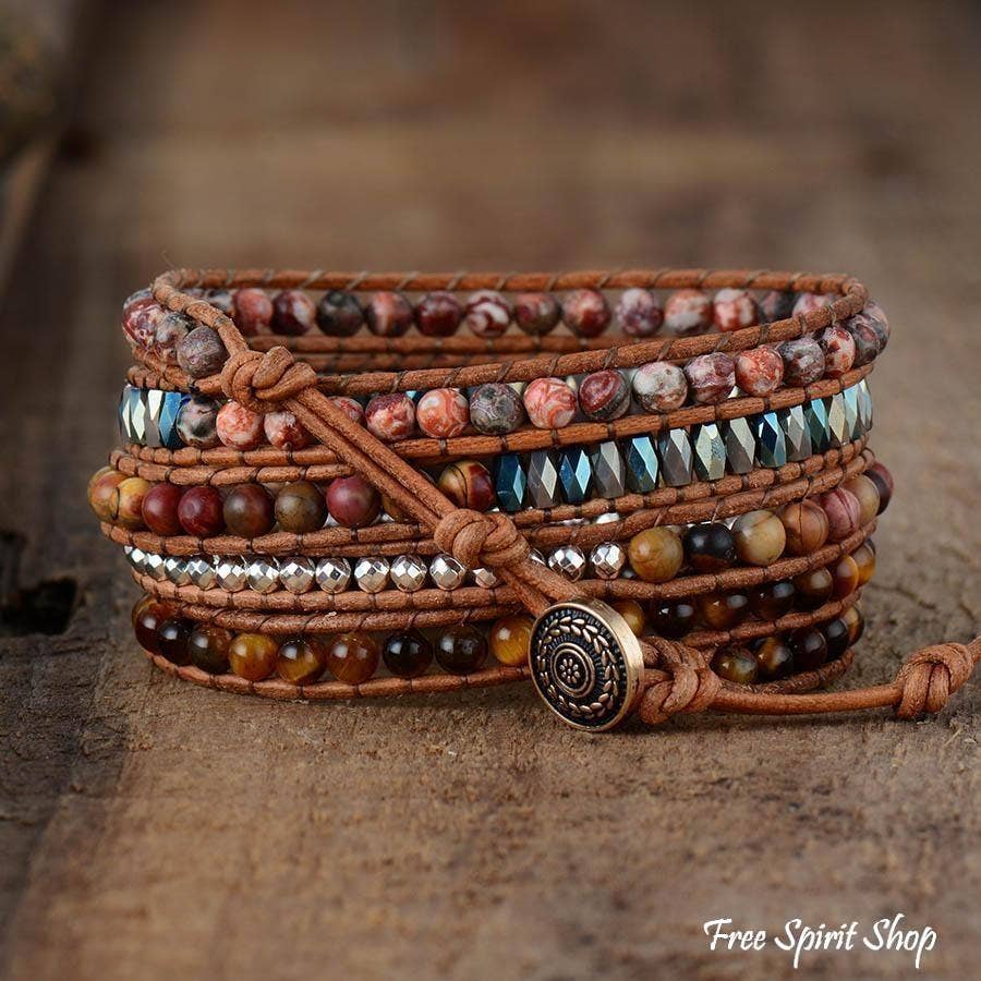 Natural Tiger Eye & Jasper Beaded Wrap Bracelet
