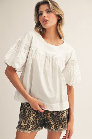 Pleat Detail Puff Sleeve Solid Top Off White