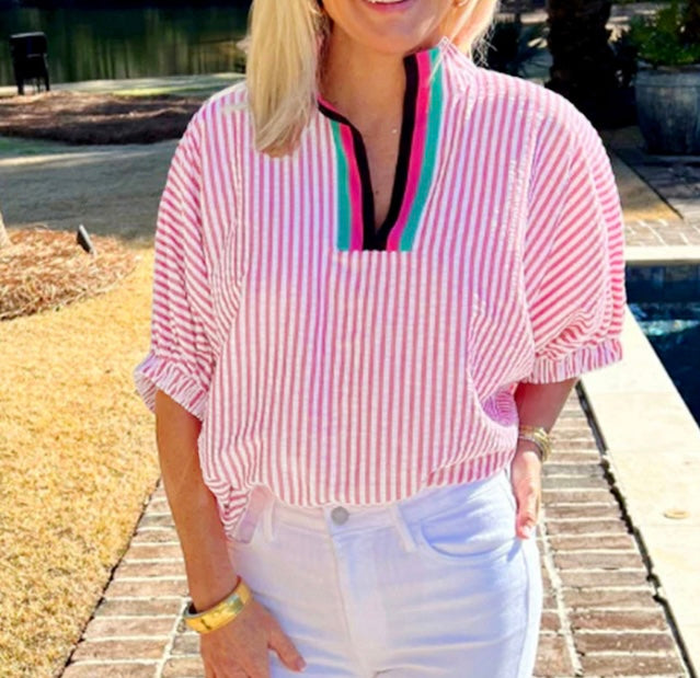 Stripe Dolman Sleeve Colored Collar Top