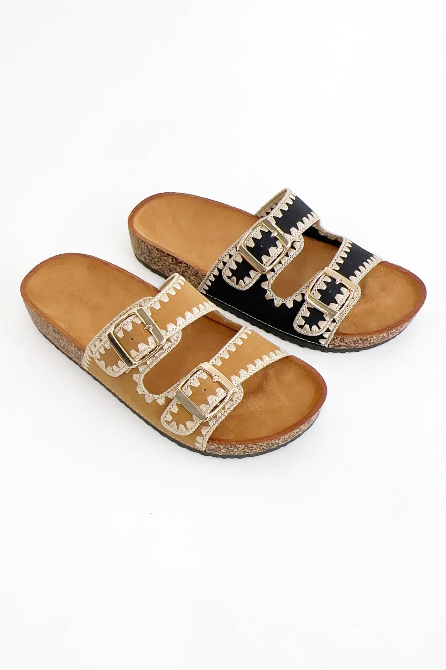 BERK BLANKET STITCHING EDGE DESIGN DOUBLE STRAP SLIDE SANDAL