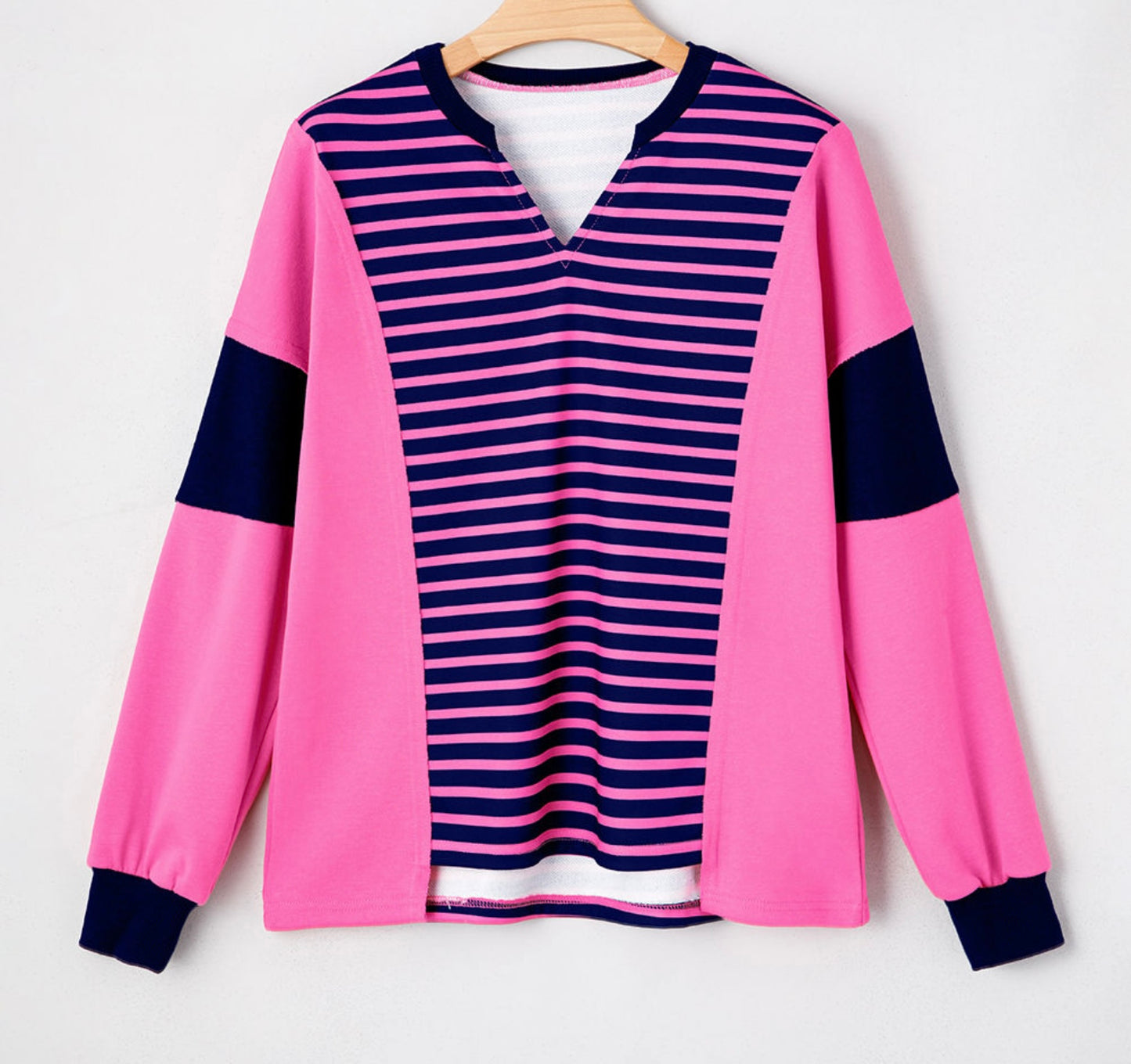 Pink & Navy V Neck Stripe Long Sleeve Top