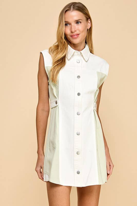 CD05102-Two Toned Denim Sleeveless Button Up Dress