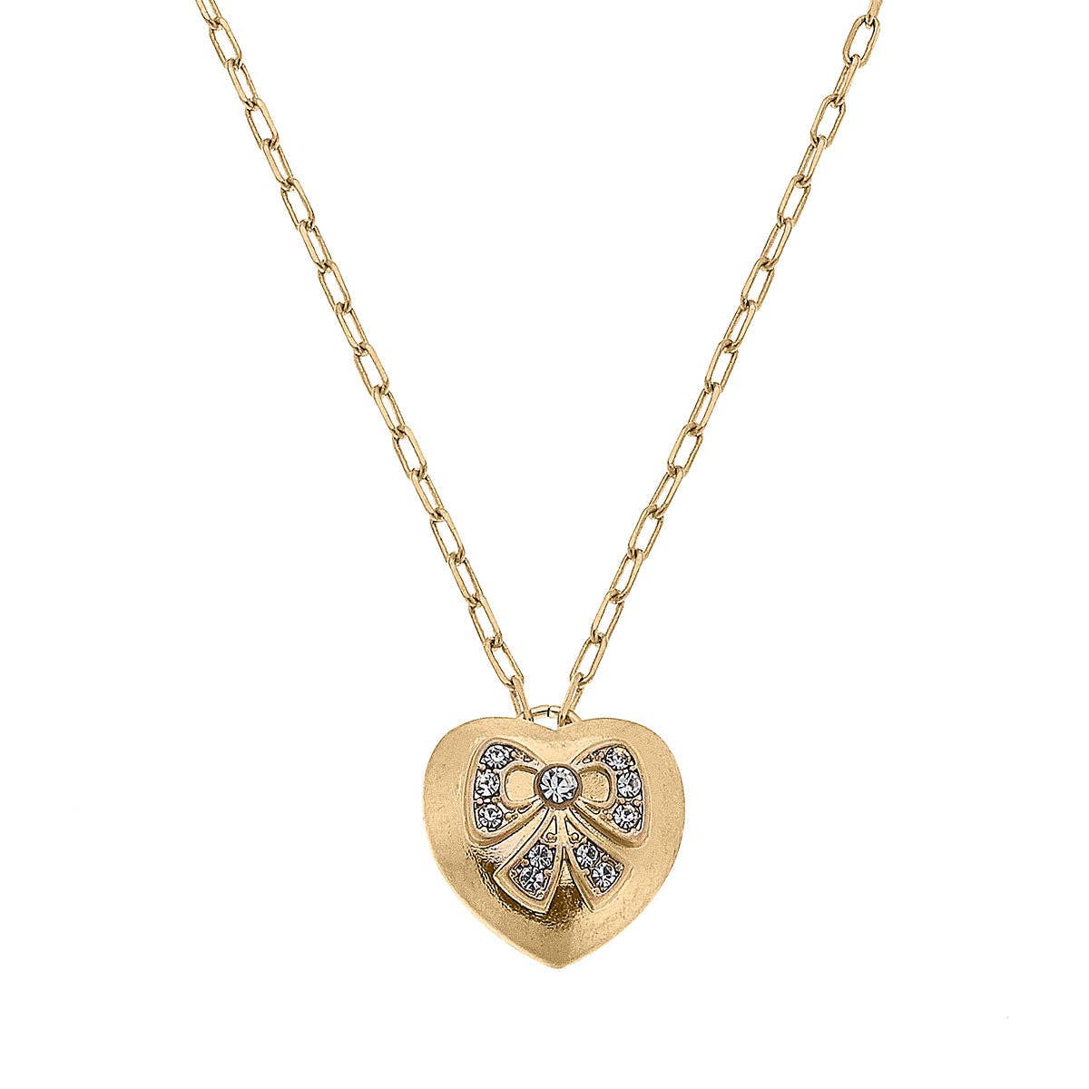 Rylan Pavé Bow Heart Pendant Necklace in Worn Gold