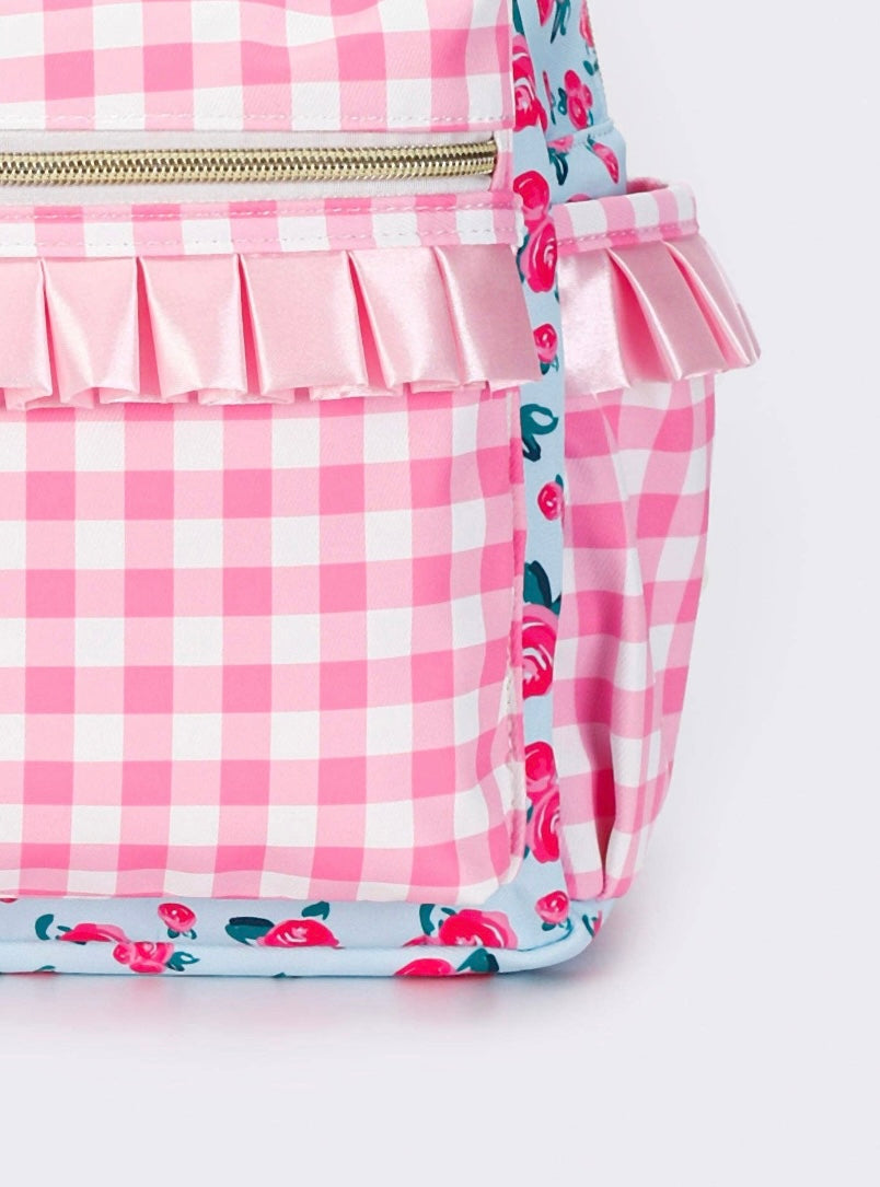 Pink Gingham & Flower Ruffle Backpack