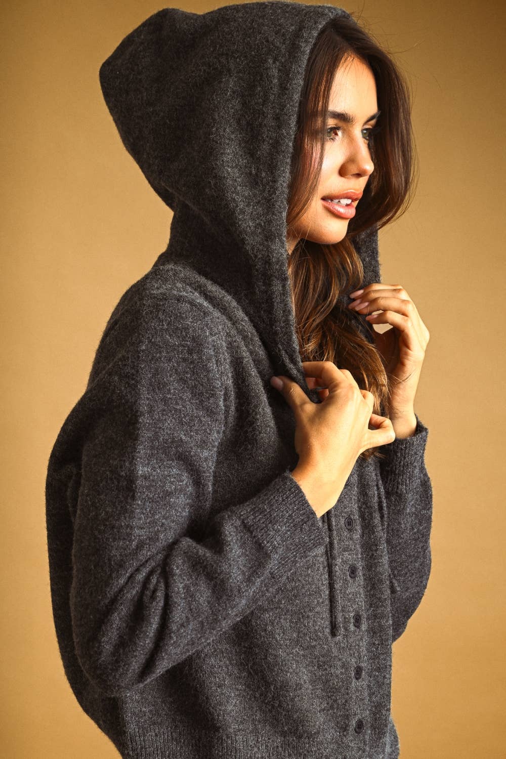 J7311ST BUTTON FRONT SWEATER JACKET WITH HOOD
