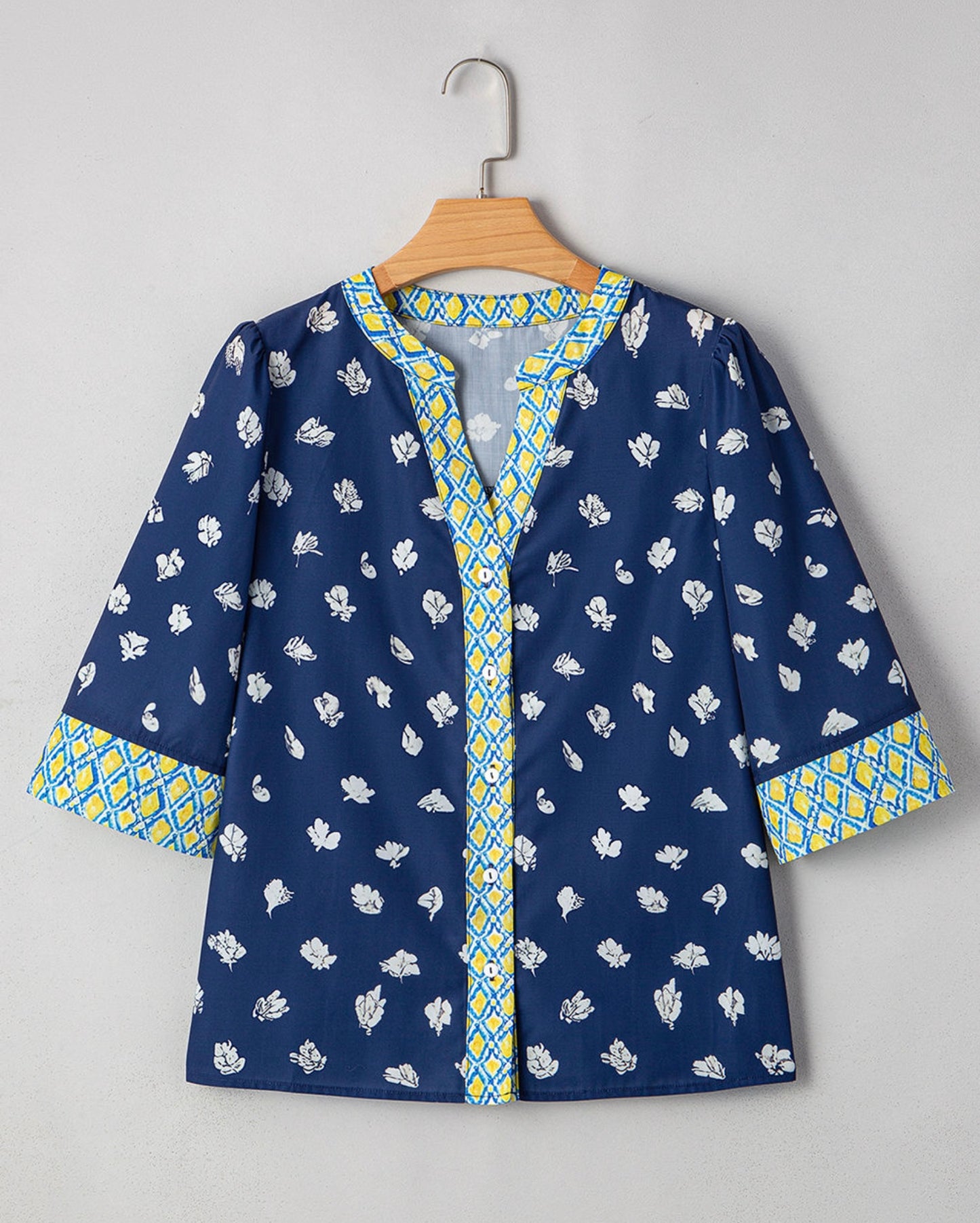 Navy Blue 3/4 sleeve Top with Light Blue Trim