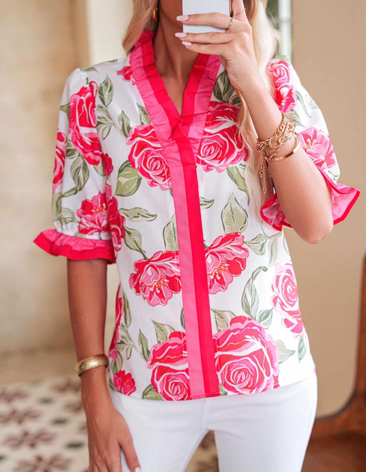 Rose Print Top with Puff Sleeves