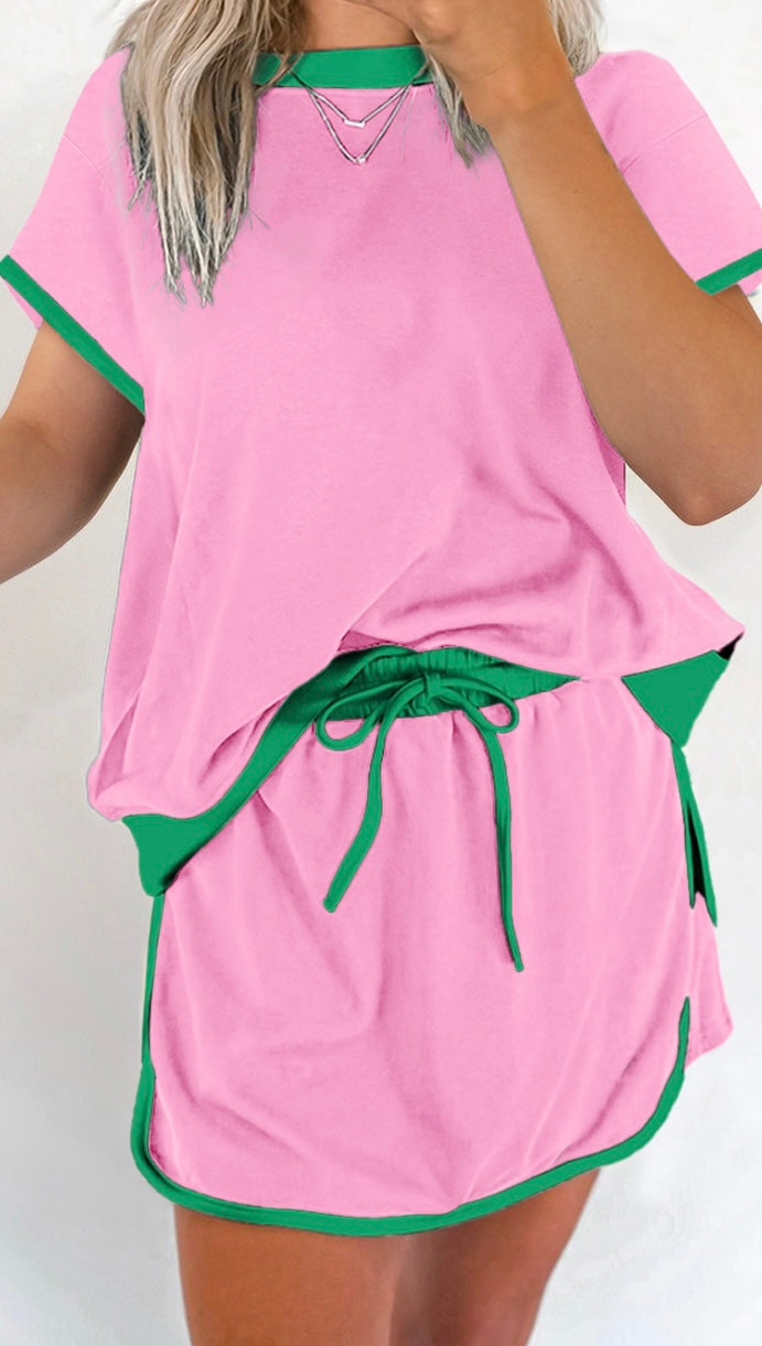 Colorblock Drop Shoulder T Shirt & Skirt Set