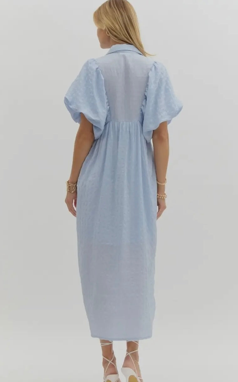 Textured Puff Sleeve V-Neck dress