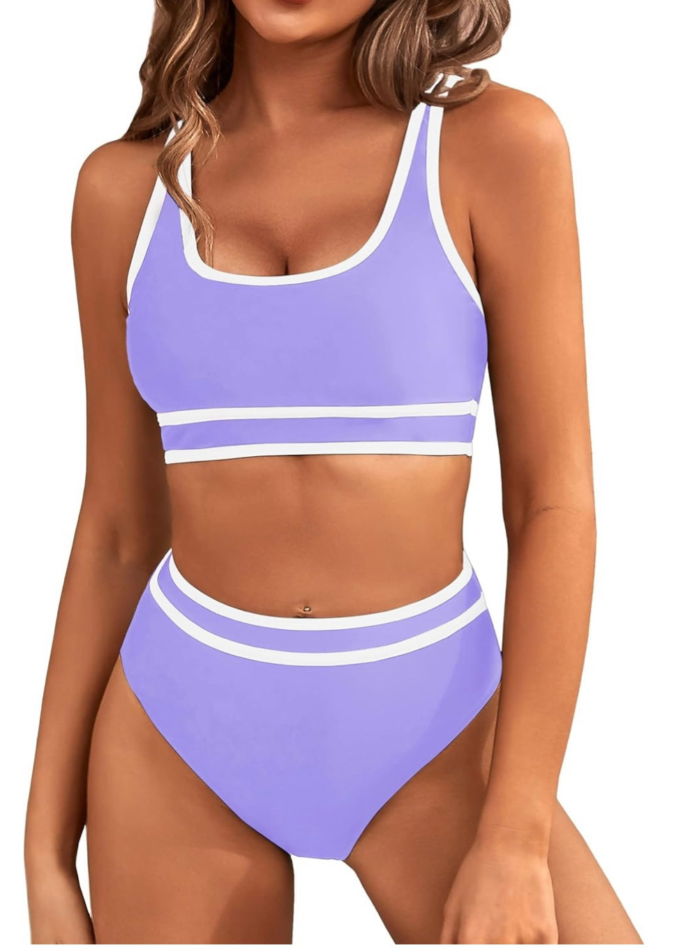 Purple & White High Waist Bikini Top