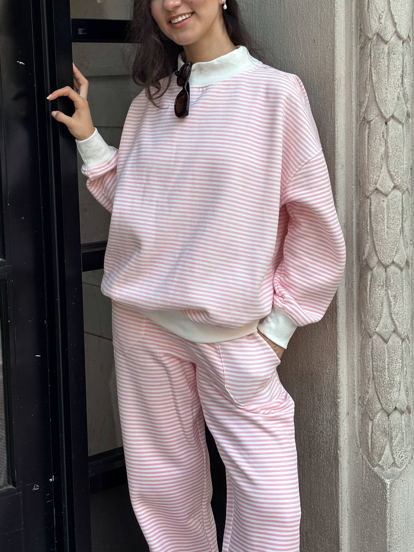 Light Pink and White Striped Mockneck Sweatshirt