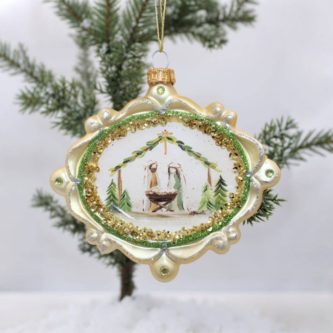 GLASS EVERGREEN NATIVITY ORNAMENT