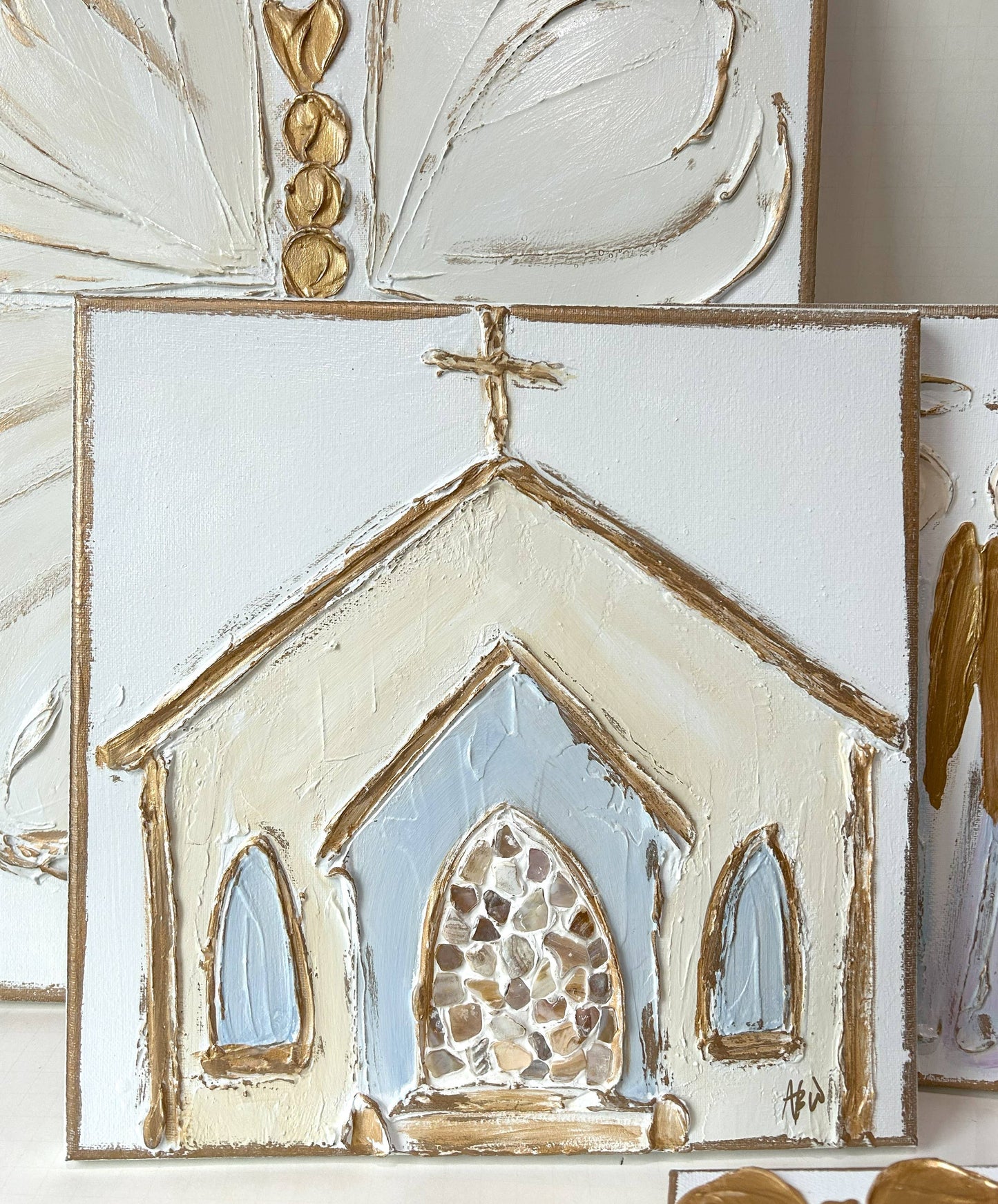 Church w/ oyster shell door on canvas textured