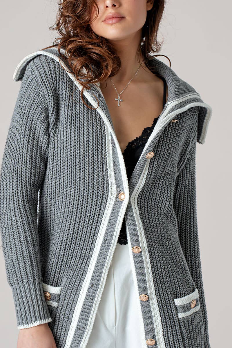 Sailor Collar Striped Trim Button Cardigan Top