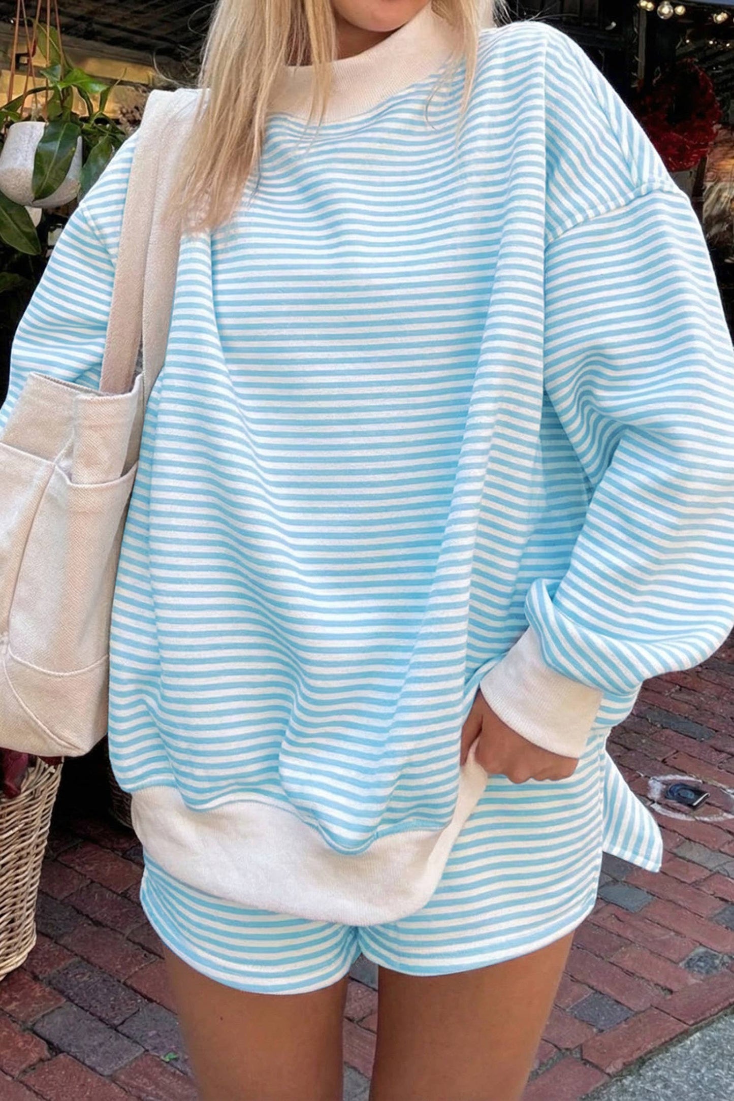 66Stripe Oversize Mock Neck Sweatshirt and Shorts Set
