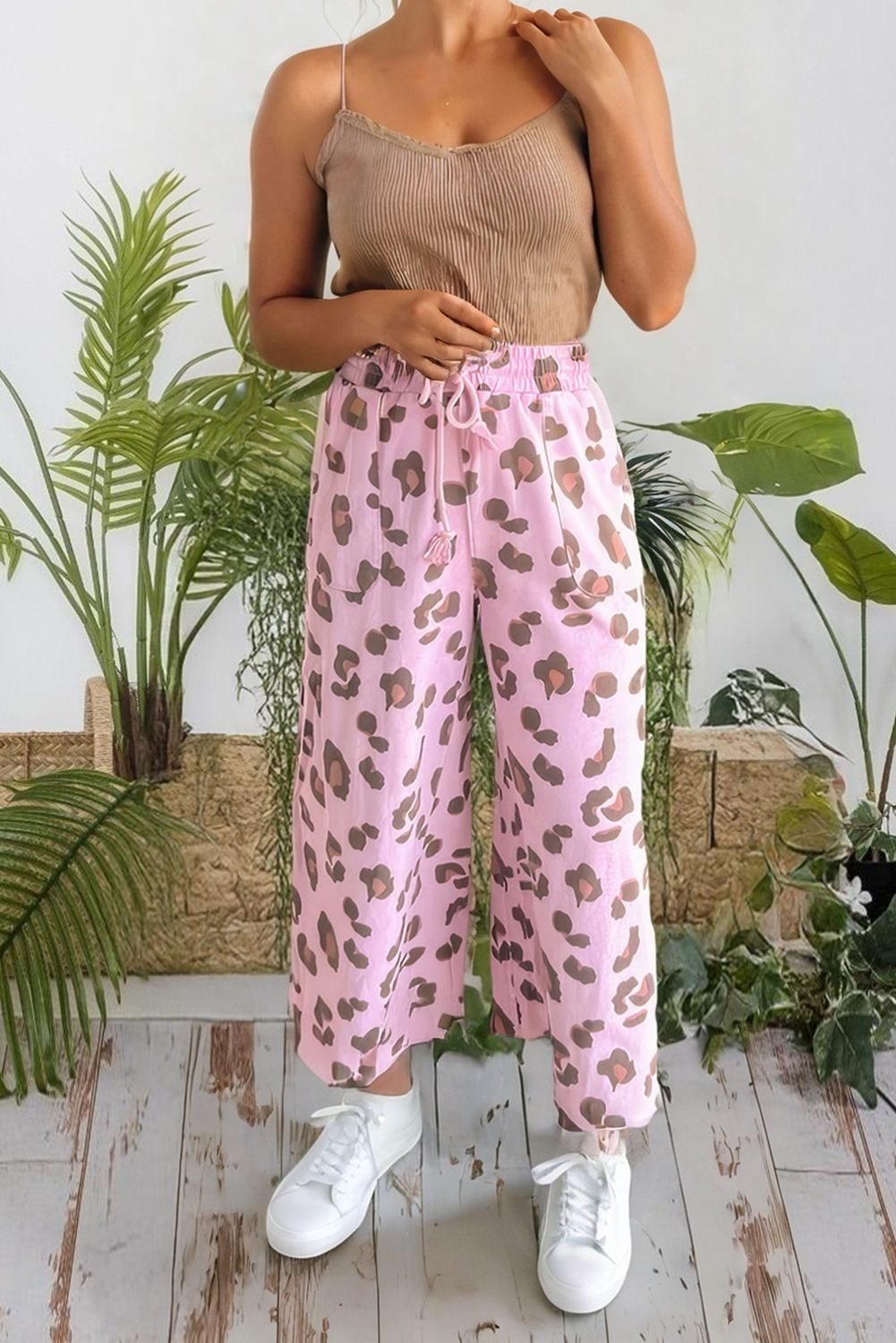 Drawstring Leopard Print Patch Pocket Loose Pants