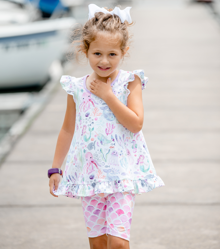 Girls White Octopus Sea Angel-Sleeve Top & Bike Shorts