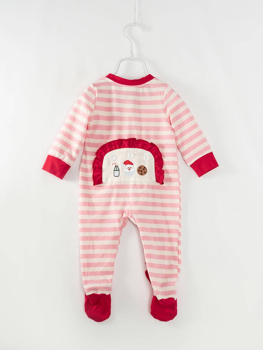 Christmas Pink Stripe Embroidery Ruffle Romper