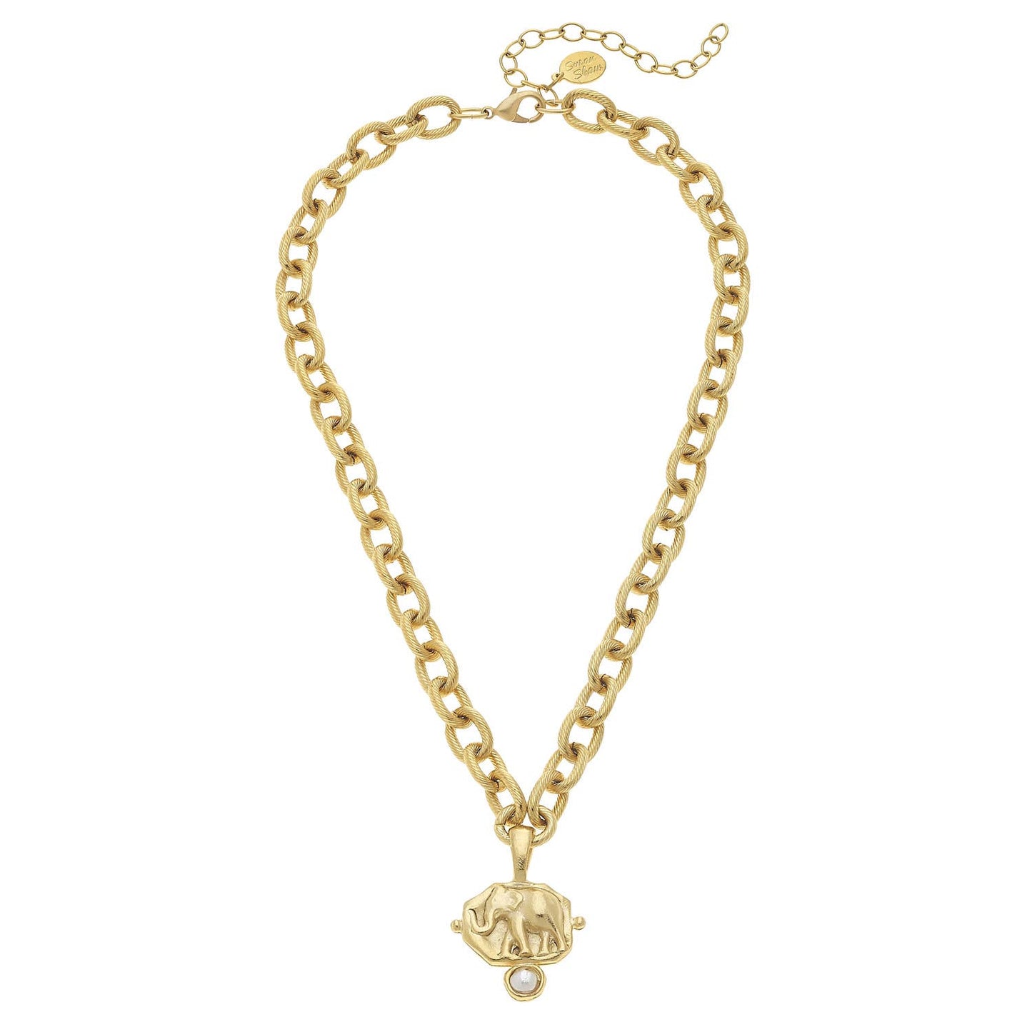 Gold Elephant Intaglio and Handset Pearl Chain Necklace