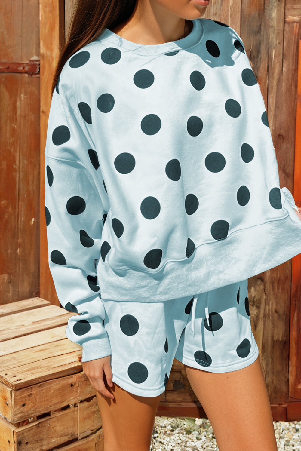Polka Dot Print Drop Shoulder Pullover Drawstring Short Set
