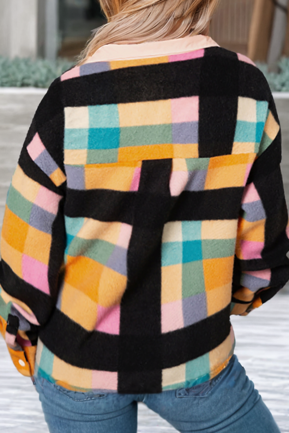 LDC Plaid Print Pocketed Half Button Collared Sweatshirt