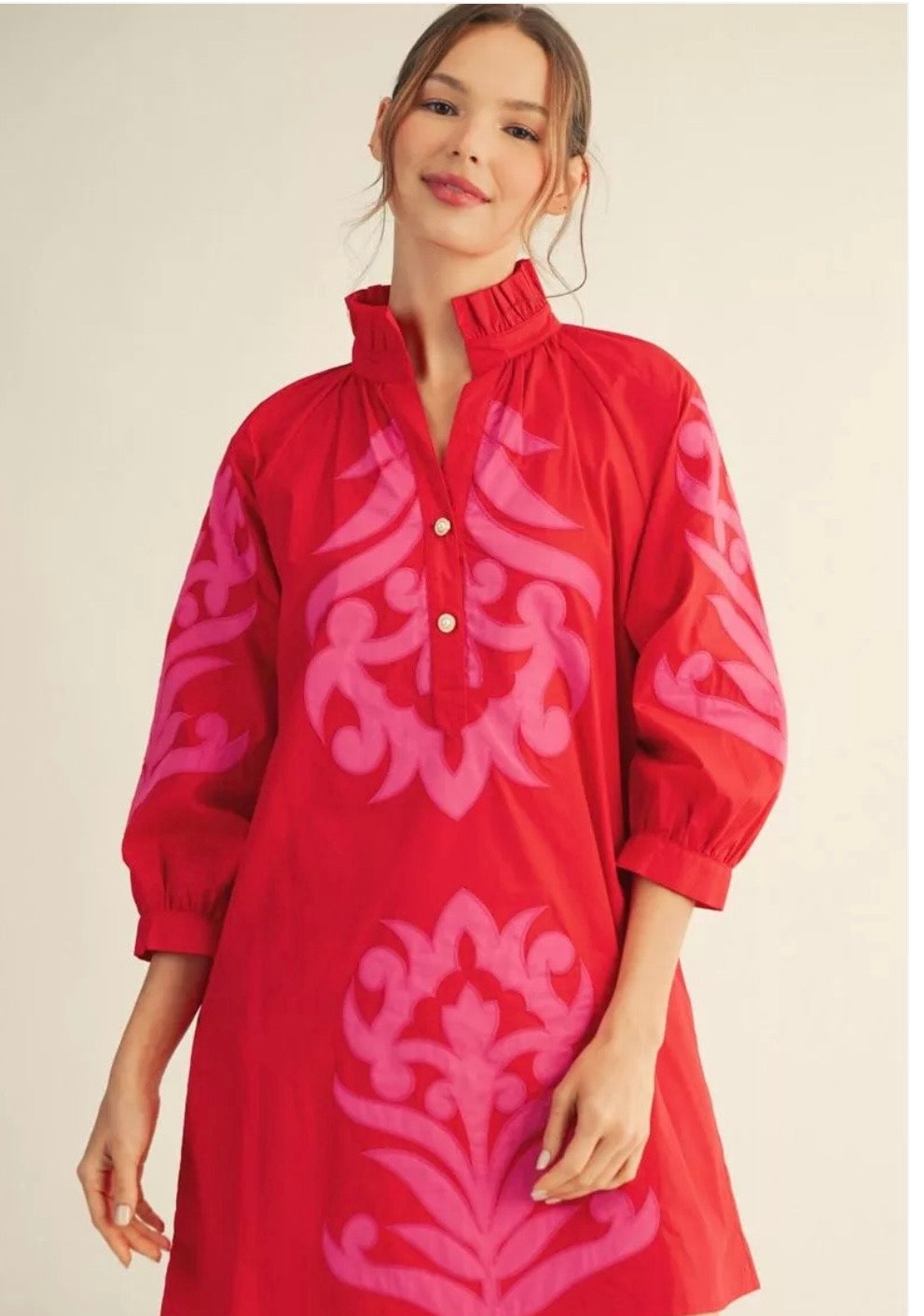 Baroque Floral Appliqué 3/4 Sleeves Shift Dress