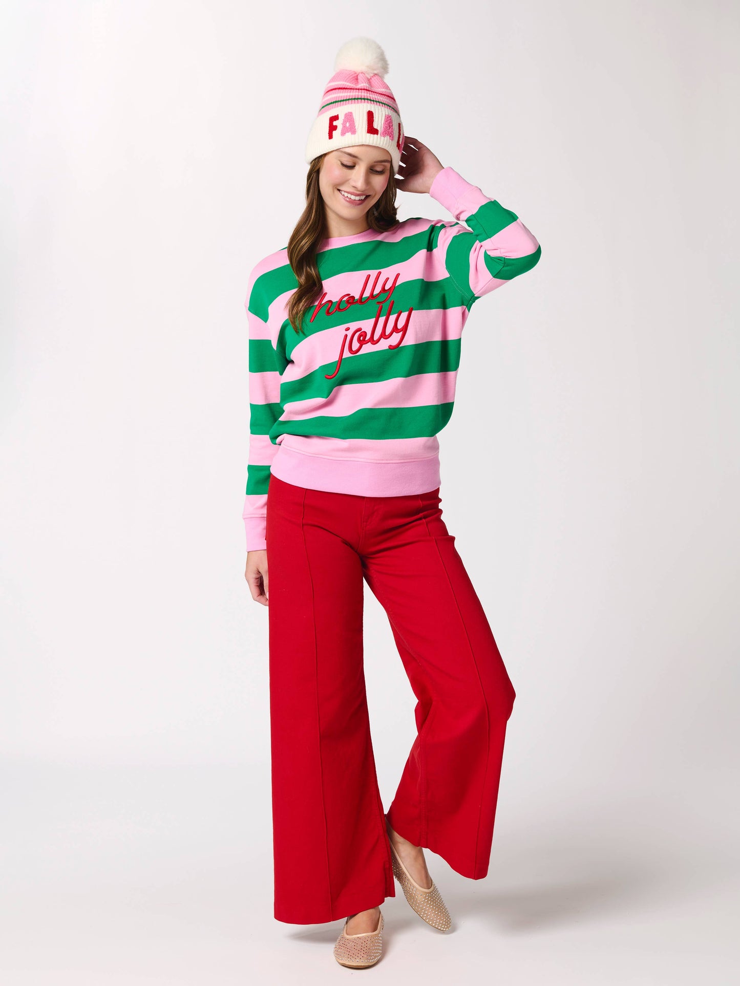 "HOLLY JOLLY" STRIPED CLASSIC SWEATSHIRTS,PINK