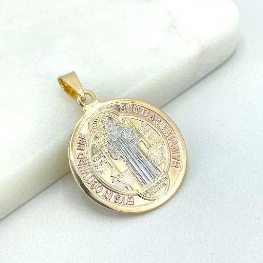 18k Gold Filled Three Tone Saint Benedict Reversible Medal Pendant Charms