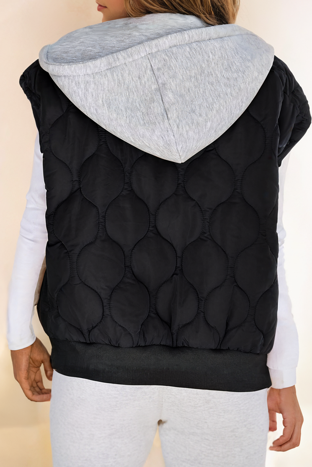 Quilted Drawstring Sleeveless Hooded Zip Up Puffer Vest