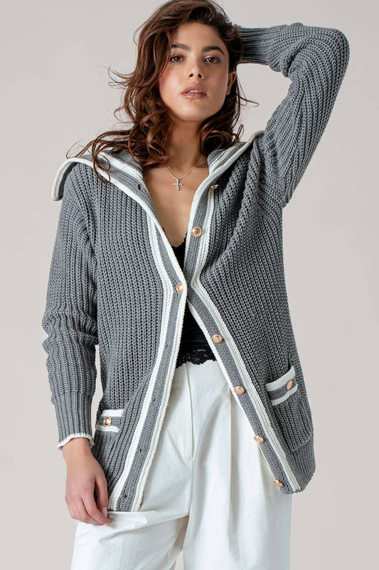 Sailor Collar Striped Trim Button Cardigan Top