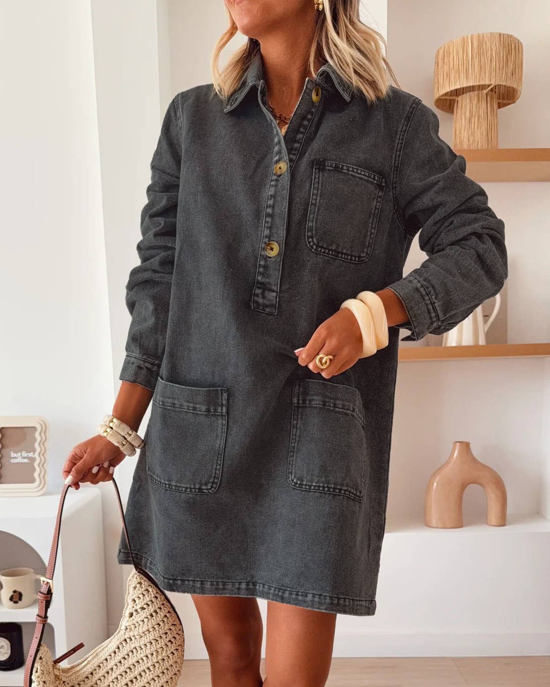 Vintage Collared Leopard Print Long-Sleeve Loose Denim Dress