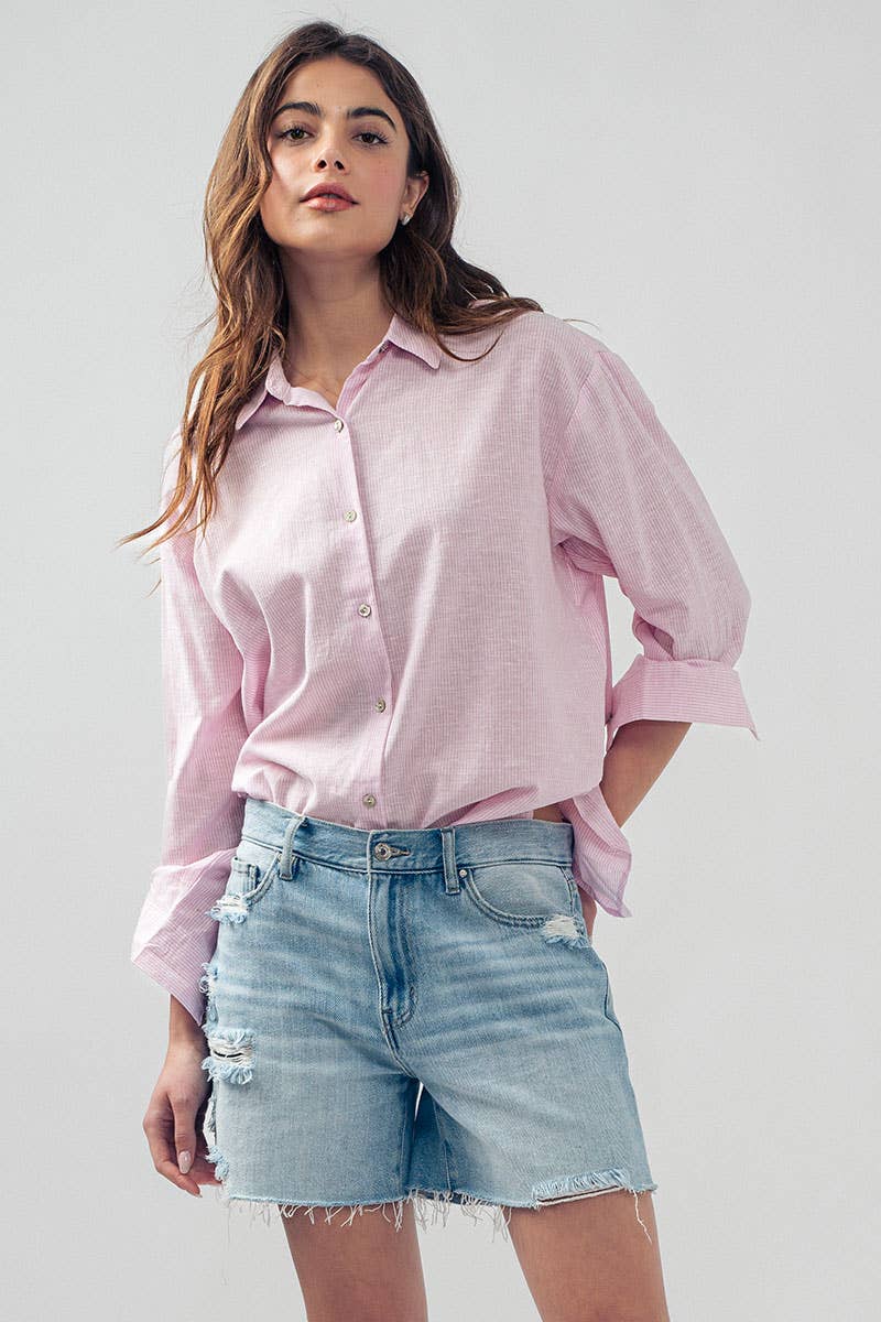 Lightweight Pinstripe Button Down in Cotton Linen Blend