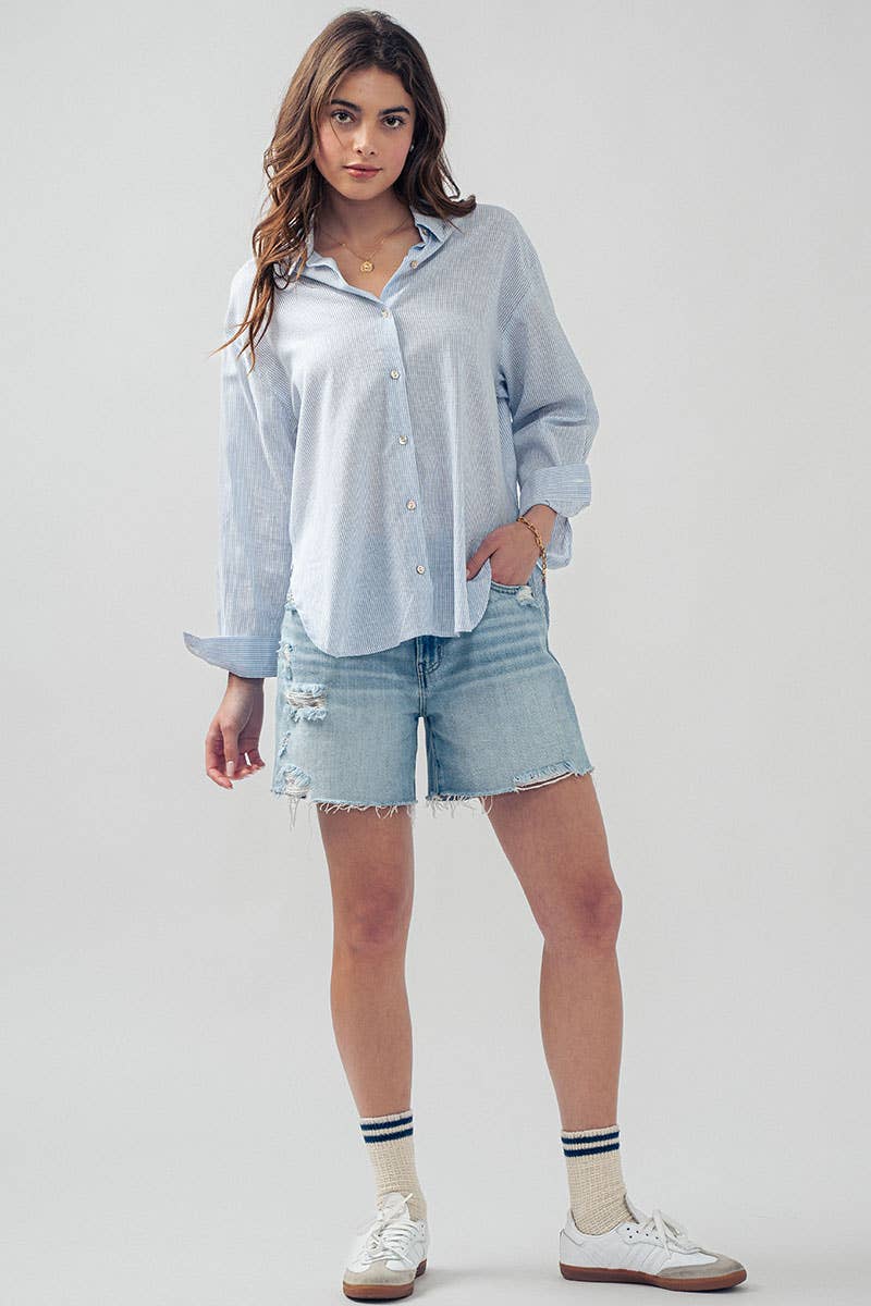 Lightweight Pinstripe Button Down in Cotton Linen Blend