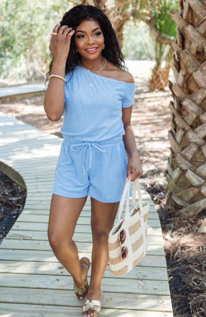 NEW HORIZONS BLUE TERRY CLOTH ROMPER