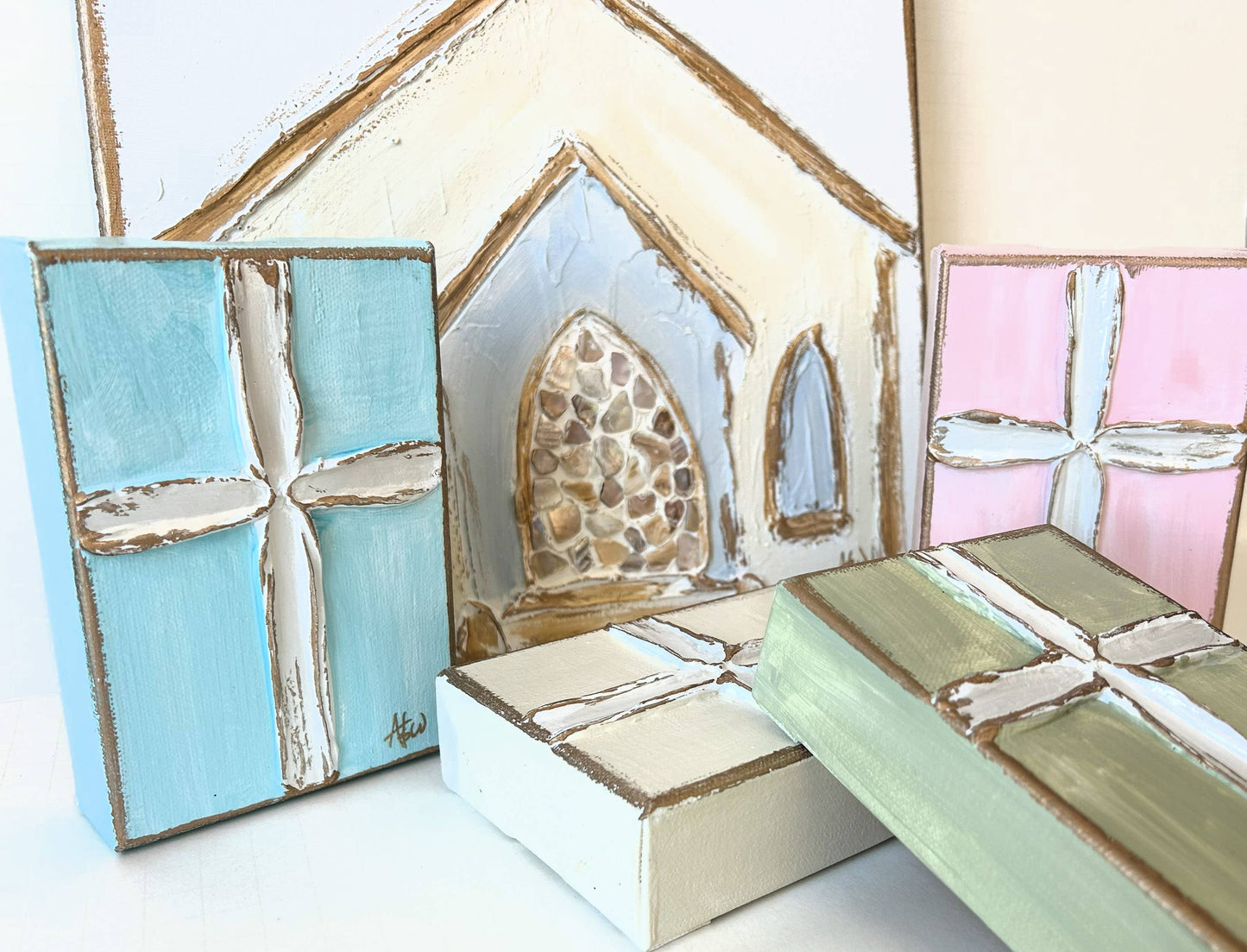 Church w/ oyster shell door on canvas textured