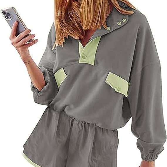 Color Blocks half button sweatshirt & shorts sporty set