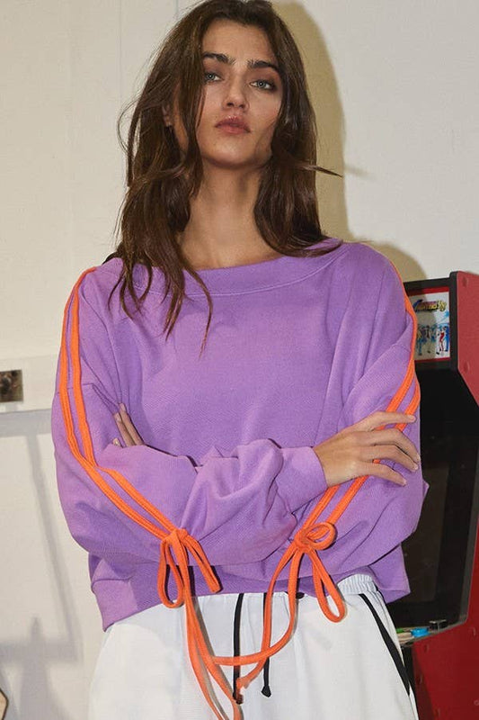 Contrast Tie Sleeves Detail Terry Sweatshirt