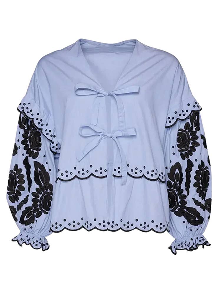 Lace-Up Embroidered Long-Sleeved V-Neck Shirt