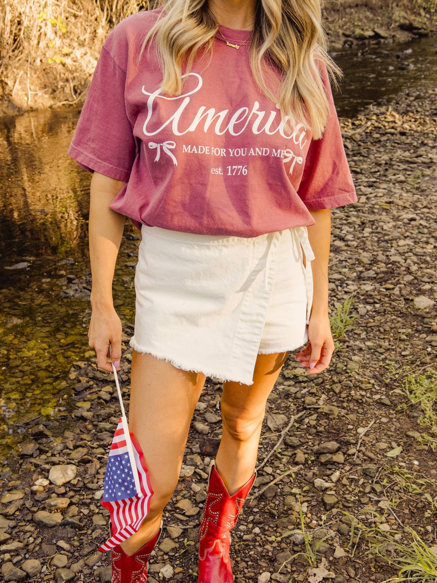 4th of July America 1776 Bows Crimson Comfort Colors Tee