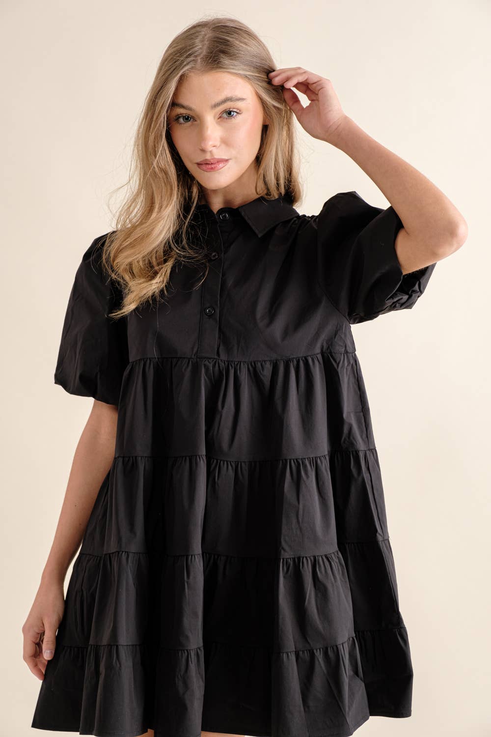 Button Up Tiered Puff SLV Shirt Dress